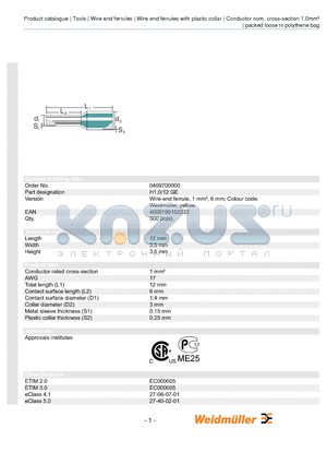 0409700000 datasheet - Wire-end ferrule, 1 mmb, 6 mm, Colour code: Weidmller, yellow