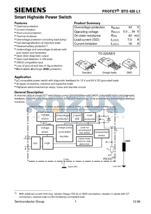 BTS426L1 datasheet - Smart Highside Power Switch (Overload protection Current limitation Short circuit protection)