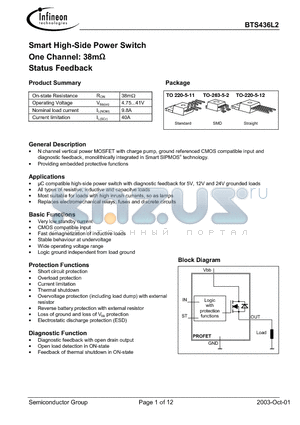 BTS436L2G datasheet - Smart High-Side Power Switch One Channel: 38m Status Feedback