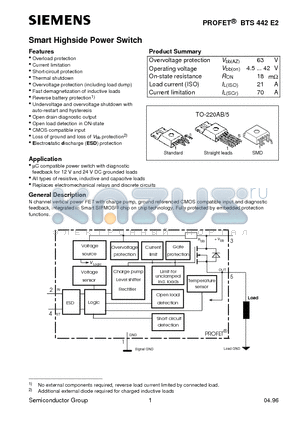 BTS442E2 datasheet - Smart Highside Power Switch (Overload protection Current limitation Short-circuit protection Thermal shutdown)