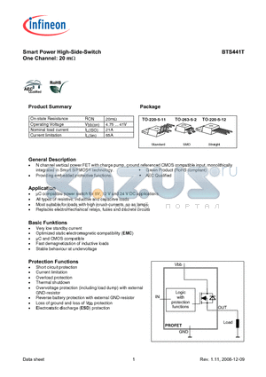 BTS441T_08 datasheet - Smart Power High-Side-Switch One Channel: 20 mY