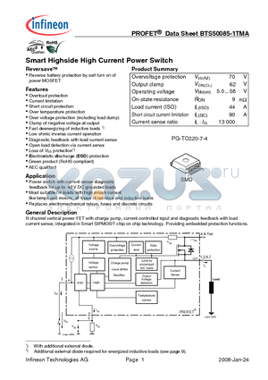 BTS50085-1TMA datasheet - Smart Highside High Current Power Switch