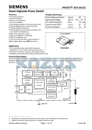 BTS542E2 datasheet - Smart Highside Power Switch (Overload protection Current limitation Short-circuit protection Thermal shutdown)