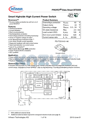 BTS555 datasheet - Smart Highside High Current Power Switch