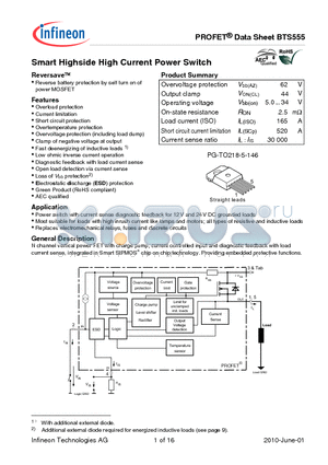 BTS555_10 datasheet - Smart Highside High Current Power Switch