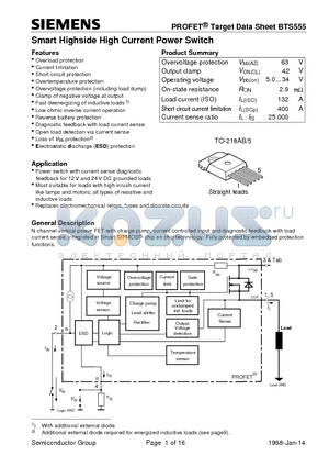 BTS555 datasheet - Smart Highside High Current Power Switch (Overload protection Current limitation Short circuit protection Overtemperature protection)