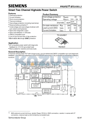 BTS610L1 datasheet - Smart Two Channel Highside Power Switch (Overload protection Current limitation Short circuit protection Thermal shutdown)