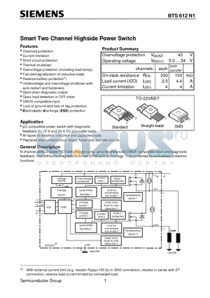 BTS612N1 datasheet - Smart Two Channel Highside Power Switch (Overload protection Current limitation Short circuit protection Thermal shutdown)