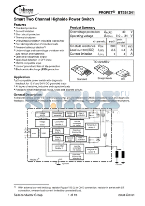 BTS612N1E3230 datasheet - Smart Two Channel Highside Power Switch