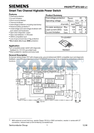 BTS620L1 datasheet - Smart Two Channel Highside Power Switch (Overload protection Current limitation Short circuit protection Thermal shutdown)