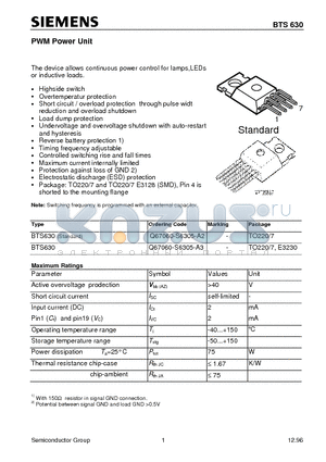 BTS630 datasheet - PWM Power Unit (The device allows continuous power control for lamps,LEDs or inductive loads.)