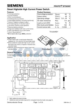 BTS650P datasheet - Smart Highside High Current Power Switch (Overload protection Current limitation Short circuit protection Overtemperature protection)