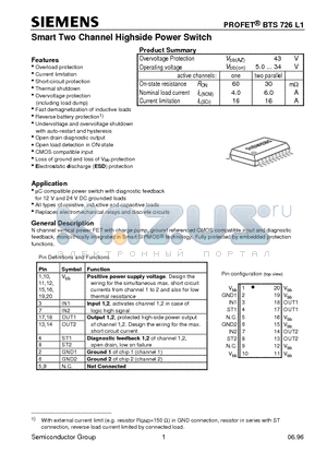 BTS726L1 datasheet - Smart Two Channel Highside Power Switch (Overload protection Current limitation Short-circuit protection Thermal shutdown)