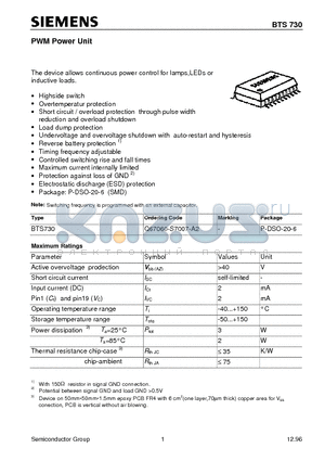 BTS730 datasheet - PWM Power Unit (The device allows continuous power control for lamps,LEDs or inductive loads.)