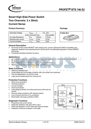 BTS740S2 datasheet - Smart High-Side Power Switch Two Channels: 2 x 30m Current Sense