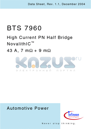 BTS7960 datasheet - High Current PN Half Bridge NovalithIC 43 A, 7 m  9 m
