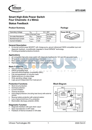 BTS824R datasheet - Smart High-Side Power Switch Four Channels: 4 x 90m Status Feedback