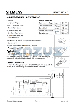 BTS917 datasheet - Smart Lowside Power Switch