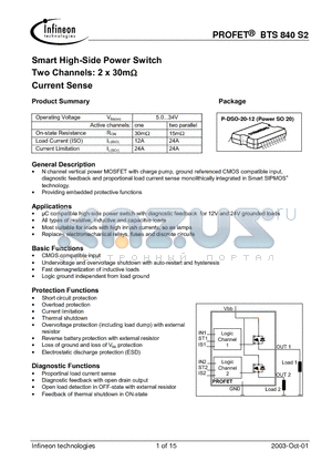 BTS840S2 datasheet - Smart High-Side Power Switch Two Channels: 2 x 30m Current Sense