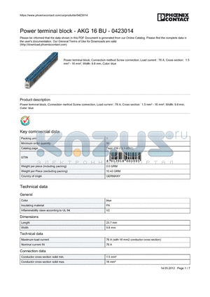 0423014 datasheet - Power terminal block, Connection method Screw connection, Load current