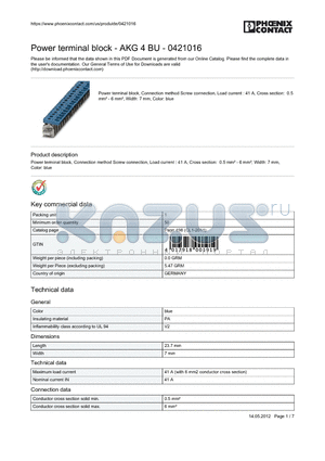 0421016 datasheet - Power terminal block, Connection method Screw connection, Load current