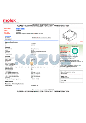 0424002001 datasheet - Flat Blade Appliance Defrost Timer Connector, 4 Circuit