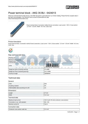0424013 datasheet - Power terminal block, Connection method Screw connection, Load current