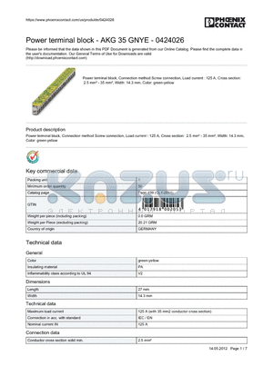 0424026 datasheet - Power terminal block, Connection method Screw connection, Load current