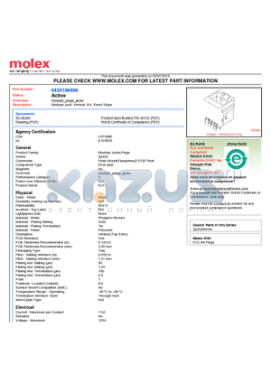 0424106408 datasheet - Modular Jack, Vertical, 6/4, Panel Stops