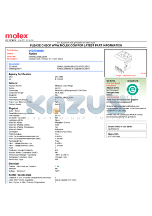 0424108888 datasheet - Modular Jack, Vertical, 8/4, Panel Stops