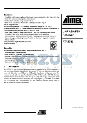 ATA5743 datasheet - UHF ASK/FSK Receiver