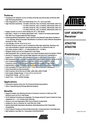 ATA5745 datasheet - UHF ASK/FSK Receiver