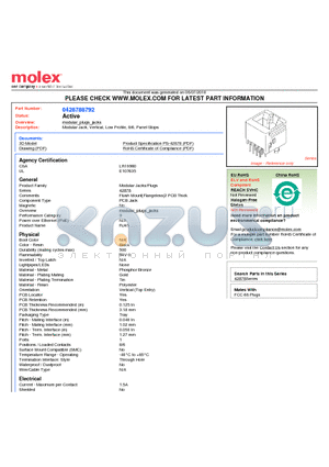 0428788792 datasheet - Modular Jack, Vertical, Low Profile, 8/6, Panel Stops