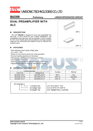 BA3308 datasheet - DUAL PREAMPLIFIER WITH ALC