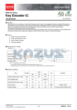 BU1851GUW datasheet - GPIO ICs Series Key Encoder IC