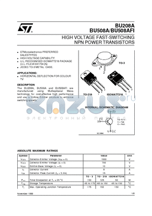 BU208A datasheet - HIGH VOLTAGE FAST-SWITCHING NPN POWER TRANSISTORS