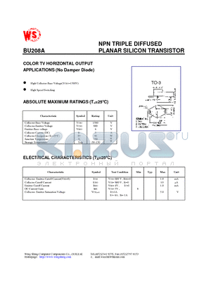 BU208A datasheet - NPN TRIPLE DIFFUSED PLANAR SILICON TRANSISTOR(COLOR TV HORIZONTAL OUTPUT APPLICATIONS)