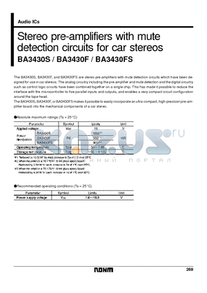 BA3430F datasheet - Stereo pre-amplifiers with mute detection circuits for car stereos