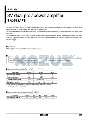 BA3513 datasheet - 3V dual pre / power amplifier