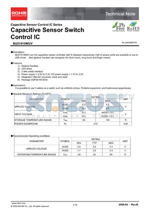 BU21010MUV datasheet - Capacitive Sensor Switch Control IC