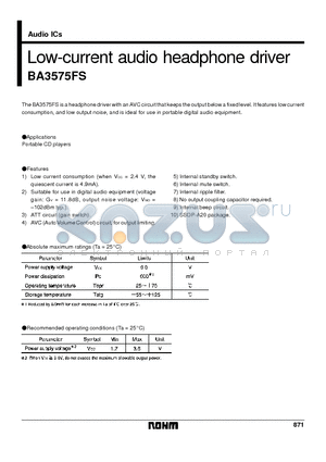 BA3575 datasheet - Low-current audio headphone driver