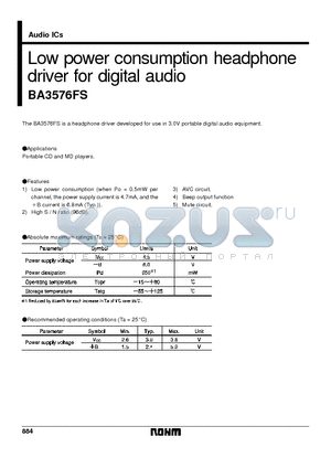 BA3576FS datasheet - Low power consumption headphone driver for digital audio