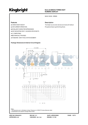 BA36-12GWA datasheet - 9mm (0.36INCH) THREE DIGIT NUMERIC DISPLAY