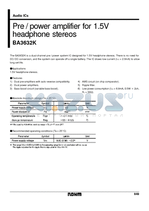 BA3632K datasheet - Pre / power amplifier for 1.5V headphone stereos