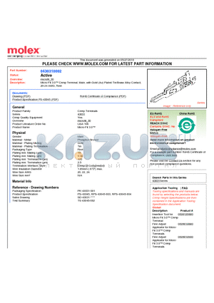 0430310002 datasheet - Micro-Fit 3.0 Crimp Terminal, Male, with Gold (Au) Plated Tin/Brass Alloy Contact, 20-24 AWG, Reel