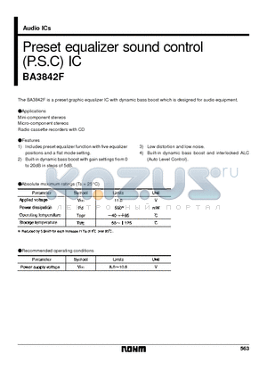 BA3842F datasheet - Preset equalizer sound control (P.S.C) IC