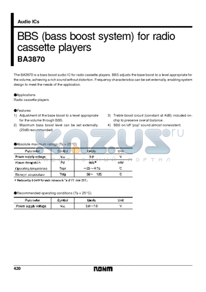 BA3870 datasheet - BBS (bass boost system) for radio cassette players