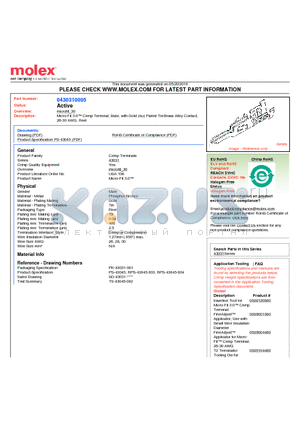 0430310005 datasheet - Micro-Fit 3.0 Crimp Terminal, Male, with Gold (Au) Plated Tin/Brass Alloy Contact, 26-30 AWG, Reel