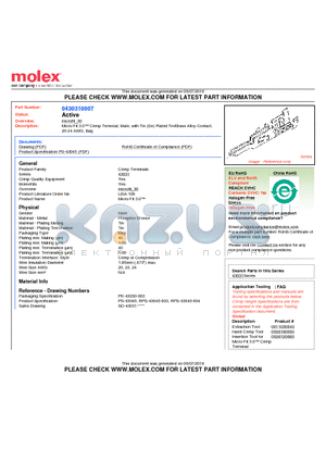 0430310007 datasheet - Micro-Fit 3.0 Crimp Terminal, Male, with Tin (Sn) Plated Tin/Brass Alloy Contact, 20-24 AWG, Bag