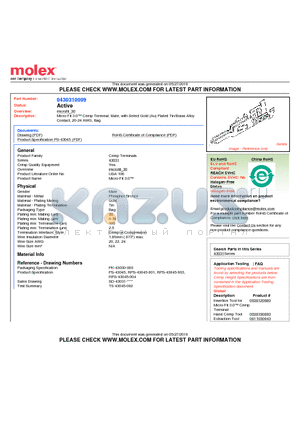 0430310009 datasheet - Micro-Fit 3.0 Crimp Terminal, Male, with Select Gold (Au) Plated Tin/Brass Alloy Contact, 20-24 AWG, Bag